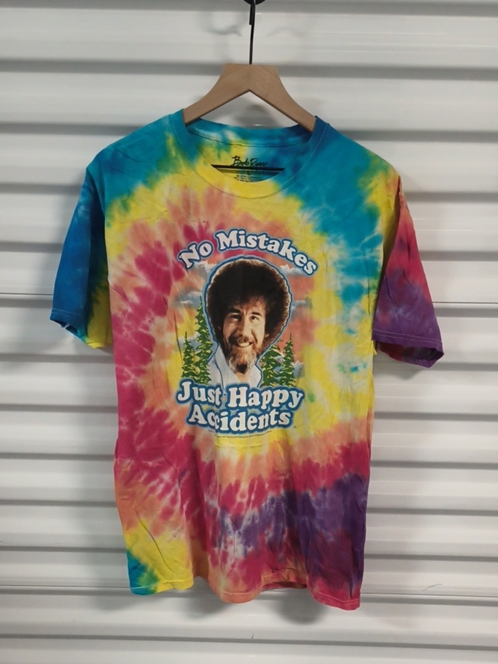 Bob Ross No Mistakes Just Happy Accidents Tie Dye Short Sleeve T-Shirt L
